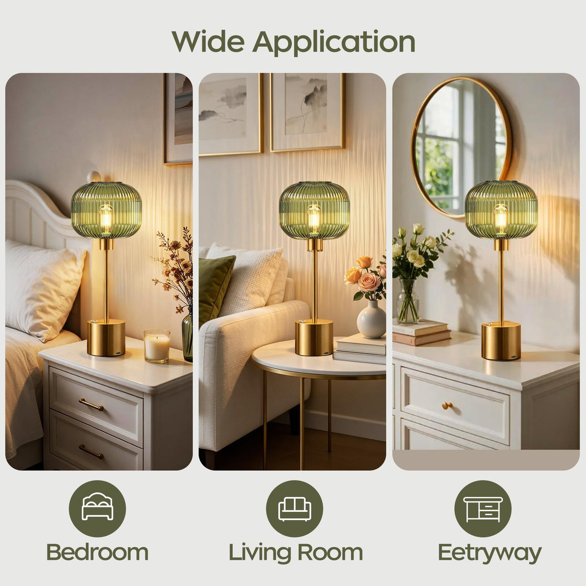 Rechargeable Cordless Glass Table Lamp for Living Room (Brushed gold & green 2)