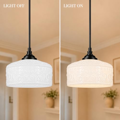 Black Vintage Pendant Light for Island Glass Kitchen Pendant Light (Black+White Patterned Glass / 9.45in)