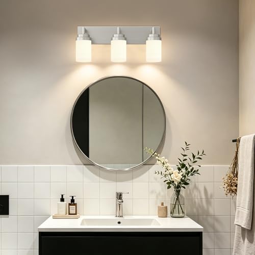 Bathroom Light Fixtures (Nickel-White Shade / 3-Light)