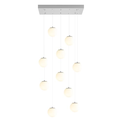 Chandeliers for Living Room Silver Pendant Light with White Globe Glass Dimmable Ceiling Light Rectangular Flush Mount Chandeliers Ceiling Light for Kitchen Island (Silver-White / Rectangle 10-Light)