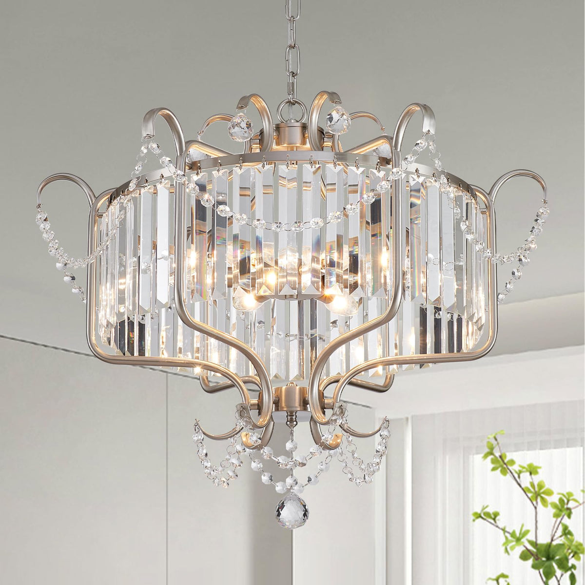 Modern Crystal Chandelier for Dining Room 24" Brushed Nickel Light Fixtures 6