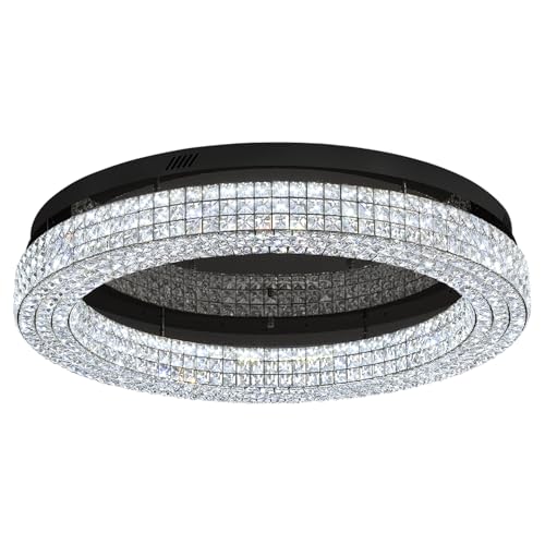 40'' Crystal Chandelier Light Fixture Large Chandelier for Living Room Crystal Flat Mounted Ceiling Lights Dining Room Bedroom Dimmable 2700 (Black / Dia 40inch)