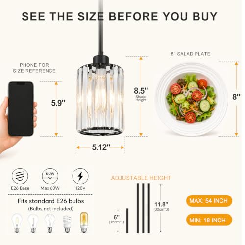 1 Pack 18" 53" Height Adjustable Black Pendant Lights Kitchen Island (1-Pack Matte Black)