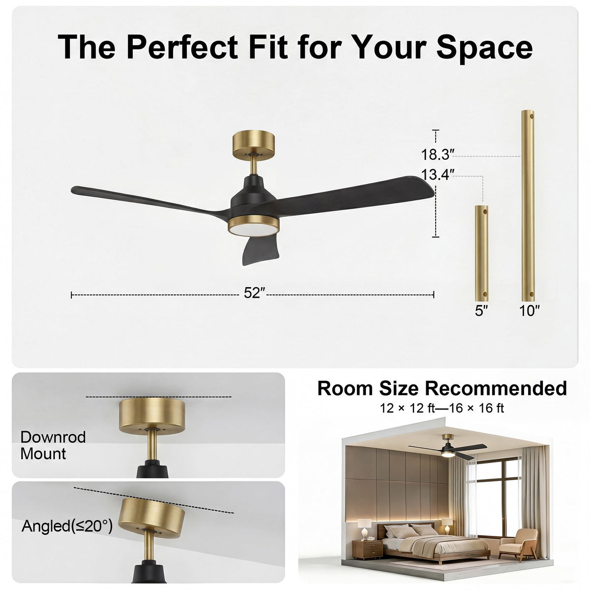 2 Pack 52 Inch Ceiling Fan with Lights (black & gold / 52 Inch)