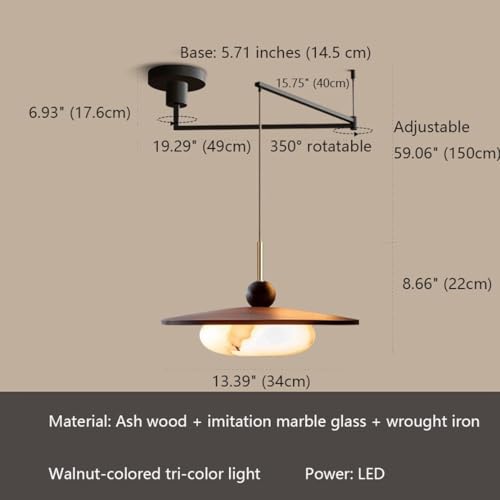 Modern Swing Arm Pendant Light Faux Alabaster Glass Shade Ash Wood Base Walnut Rotating Ceiling LED Lamp 3 Color Dimmable Dining Room Kitchen Interior Home Decor Lighting