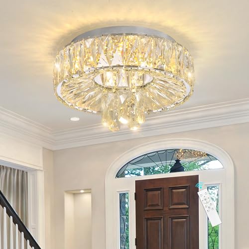 Mini Chandelier Modern Crystal Chandeliers for Hallway Light Fixture LED Flush Mount Ceiling Light Dimmable Lamp for Dining Room Living Room Bedroom (Silver / 11.8" Width)