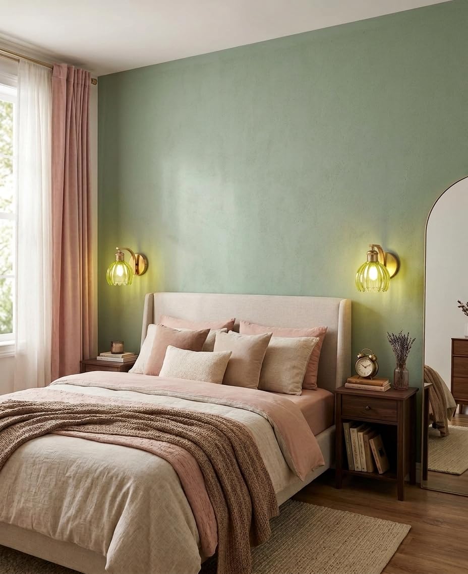 Vintage Brass Hardwired Wall Sconces with Green Tulip Glass Shade (Green)