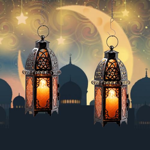 Set of 2 Moroccan Lanterns Decorative Indoor & Outdoor (Medium / Amber - 11''h)