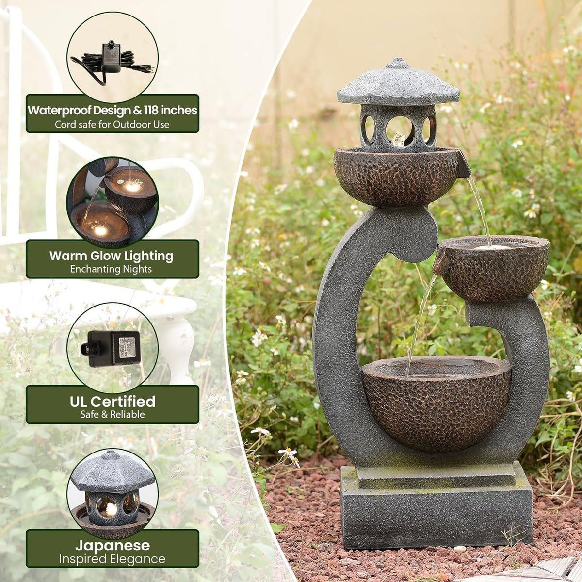 36" Zen Pagoda Waterfall Fountain with LED Light (35.5"h-gray)