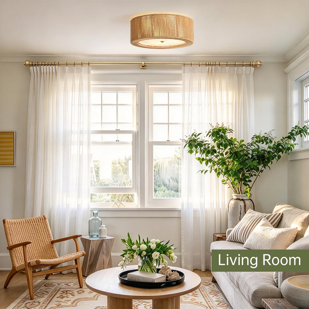15.7" Boho Ceiling Light (Vertical Weave- Brown / 15.7")