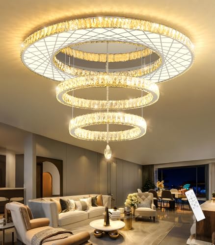 Crystal Glam Chandelier LED Ceiling Light Living Room Lighting Fixtures Remote Dimmable Ceiling Chandeliers Silver 40 Inches Large Light (40 inch / Silver)