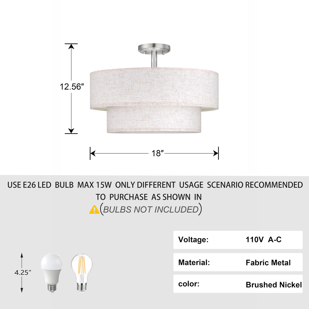 2 Tier 18" Cream Drum Fabric 4 Light Brushed Nickel Semi Flush Mount Ceiling Light for Living Room Dining Room Bedroom Hallway (18" / Brushed Nickel 18 Inch)