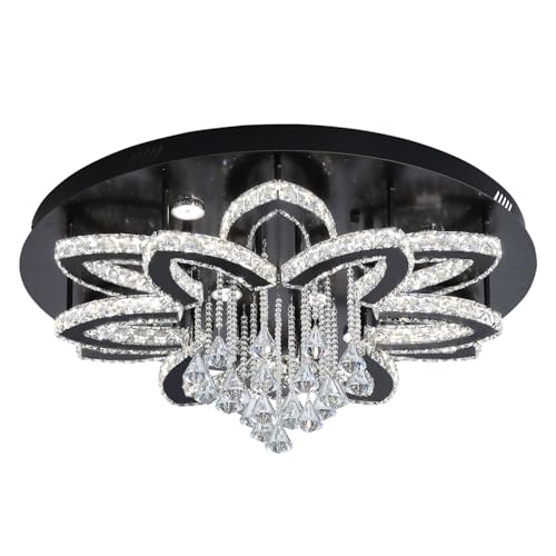 32'' Modern Crystal Chandeliers for Living Room Crystal Ceiling Light Fixture LED Dimmable Pendant Lighting Flush Mount Ceiling Chandelier for Dining Room Bedrooms Foyer Black (Black / W:32inches)