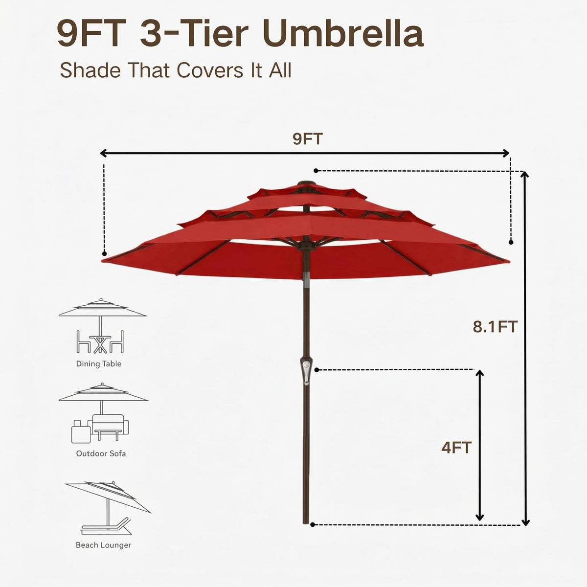 9ft 3 Tier Patio Umbrella (Red / 9 FT)