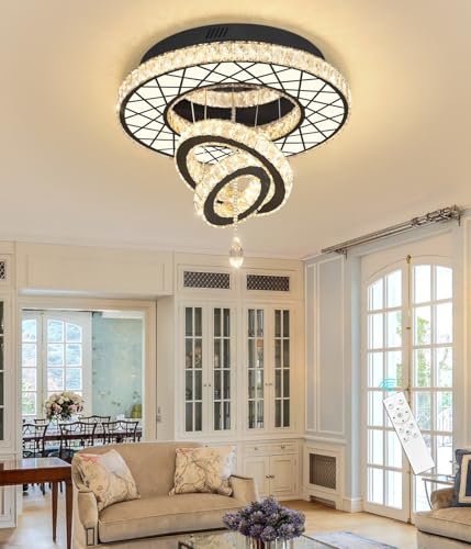 LED Chandelier Modern Ceiling Dimmable Light Fixture Crystal Chandelier for Bedroom Dining Room Black (20 inch / Black)