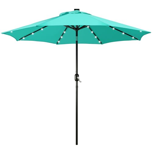7.5/9/10/11FT Solar Patio Umbrella 32 LED Lighted Outdoor Table Market Umbrella with 8 Ribs/Tilt Adjustment and UV-Resistant