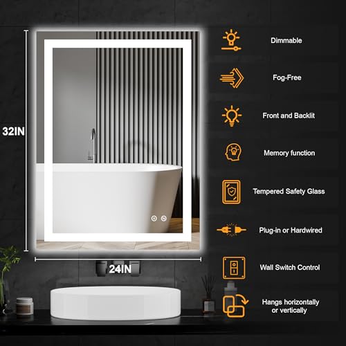 32x24 LED Bathroom Mirror with Lights (Rec Corner-3 Light Modes / 32"L x 24"W)
