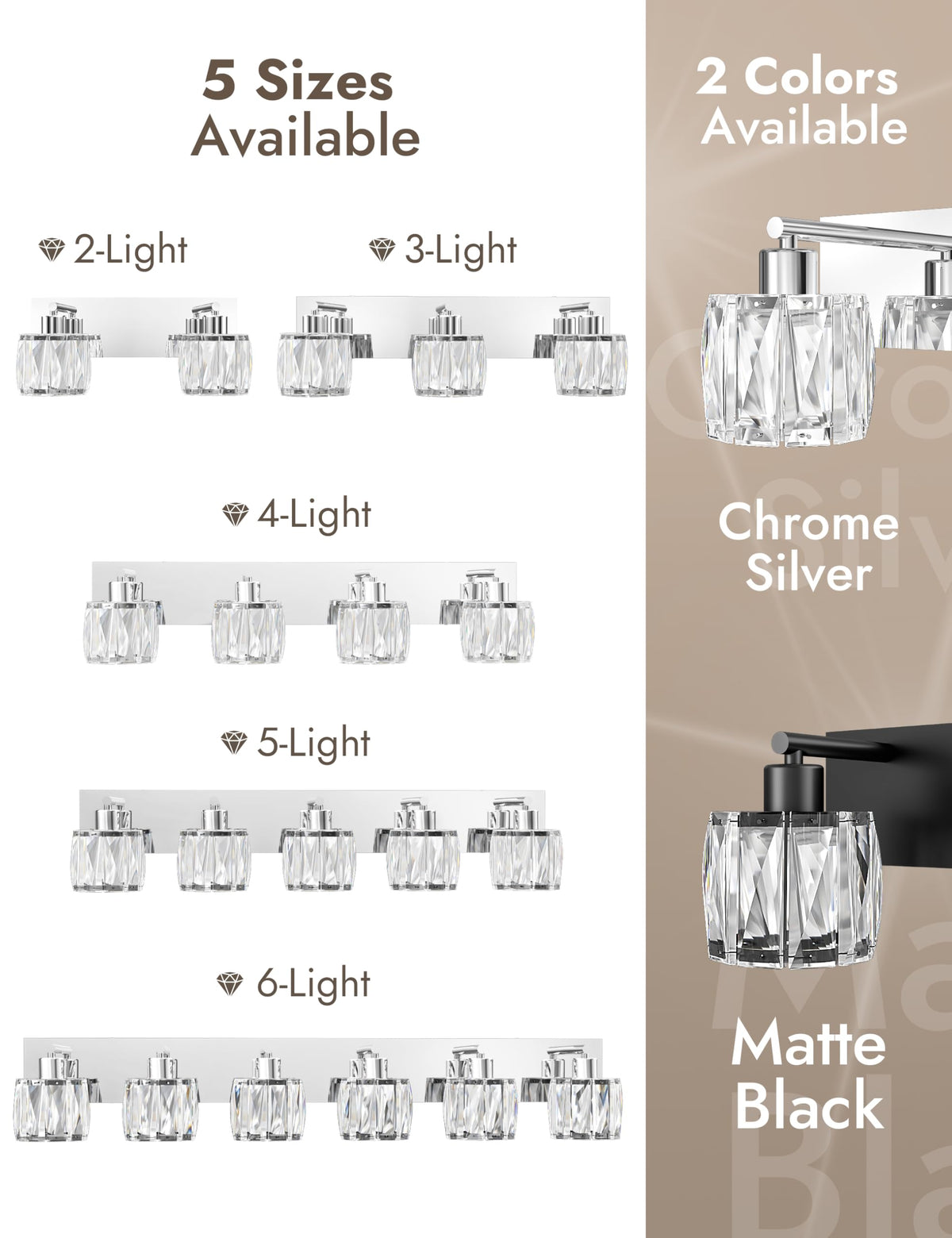 6 Light Crystal Bathroom Vanity Light Fixtures (Chrome-Round / 6 Light)