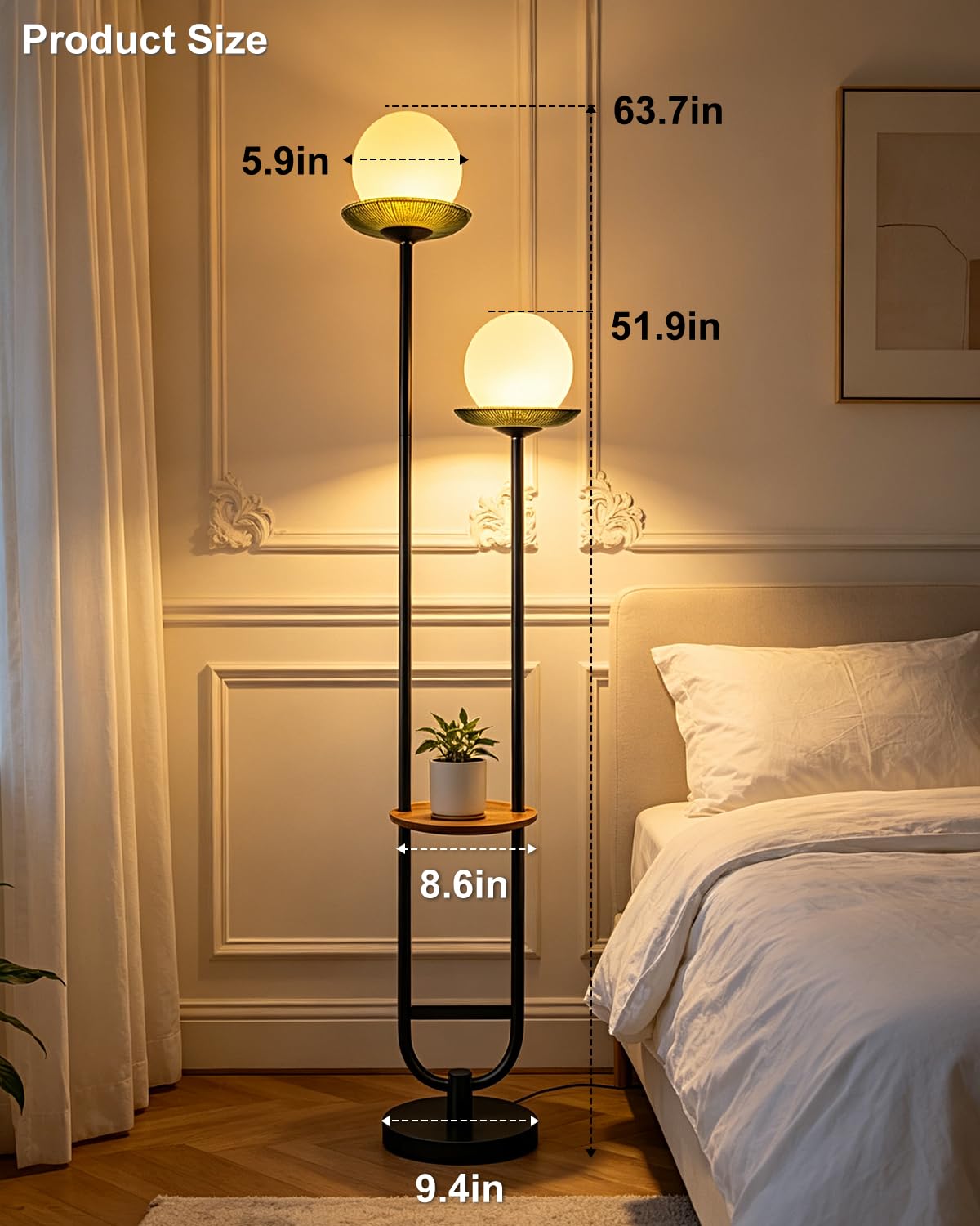 2 Globe Floor Lamp with Green Glass Tray Black Dimmable Tall Lamp (Green-2U Black)