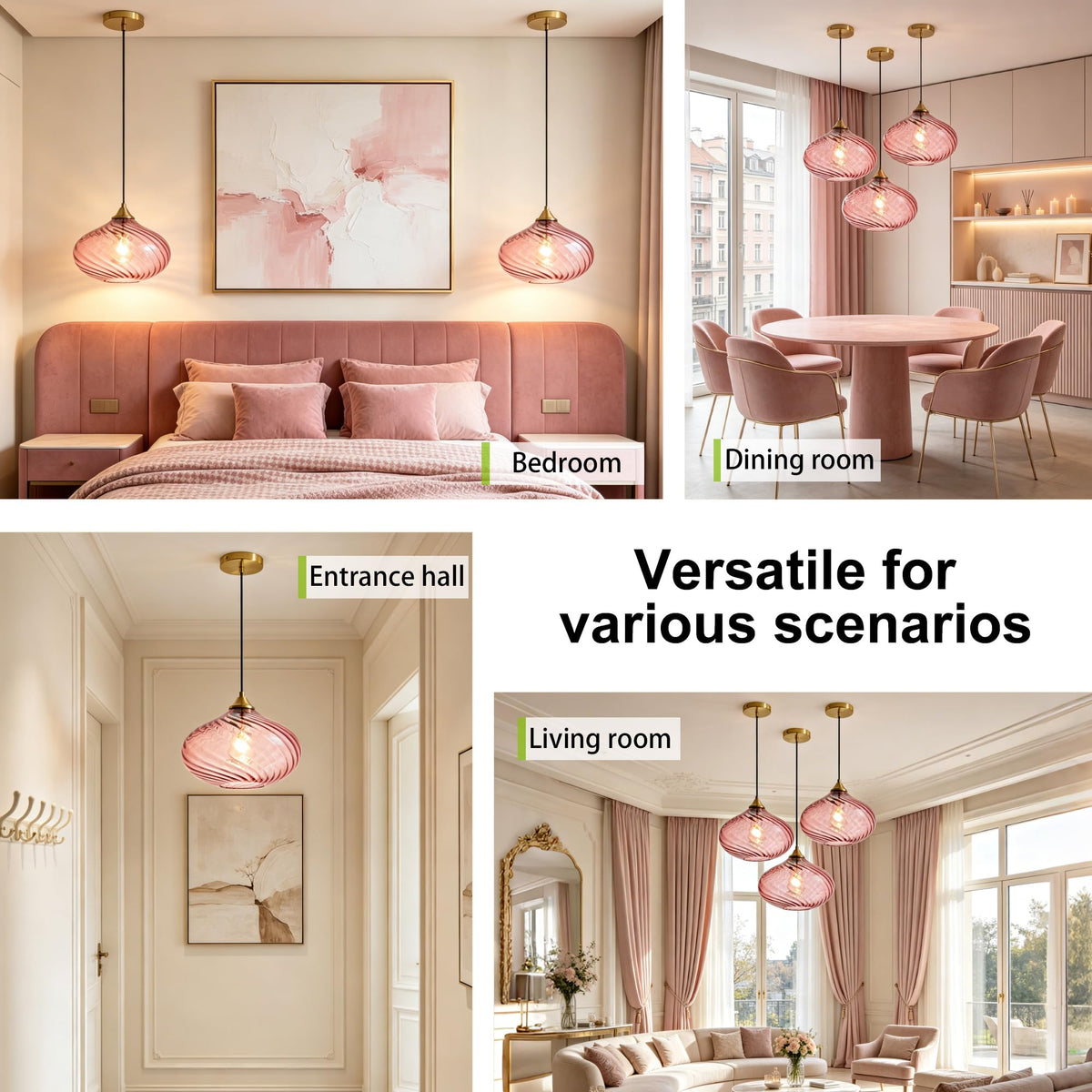 11in Gold Pendant Lights Kitchen Island with Purple Pink Glass Shade 1Pack (Gold-Striped Pink Glass)