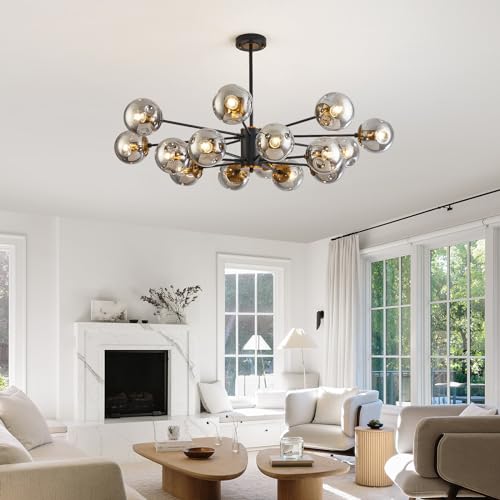 16 Lights Black and Gold Large Glass Globe Mid Century Sputnik Chandelier (Black 16-Light)