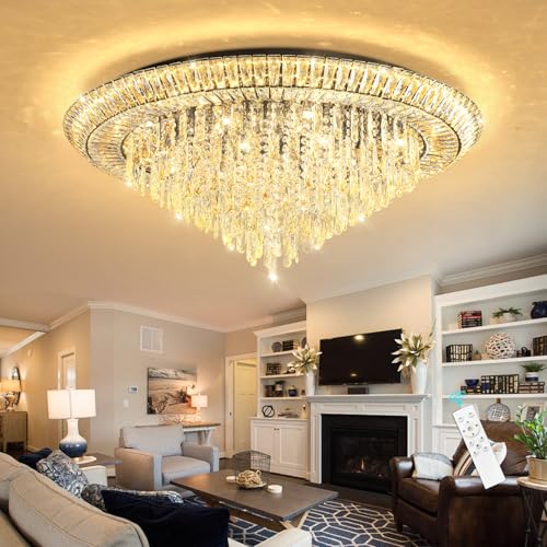 Modern LED Crystal Chandelier for Living Room Dimmable Large Ceiling Light Fixture Round Raindrop Chandeliers for Dining Room Entryway Bedroom Foyer Black (Black / W40")