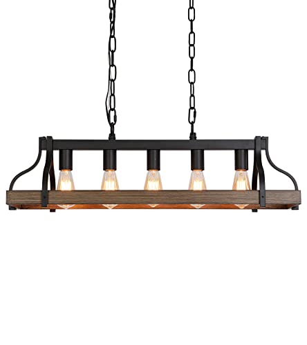 Rustic Kitchen Island Dining Room Light Fixture Farmhouse Linear Chandelier Black and Retro Wood Finish 5 (5-Light retro wood)