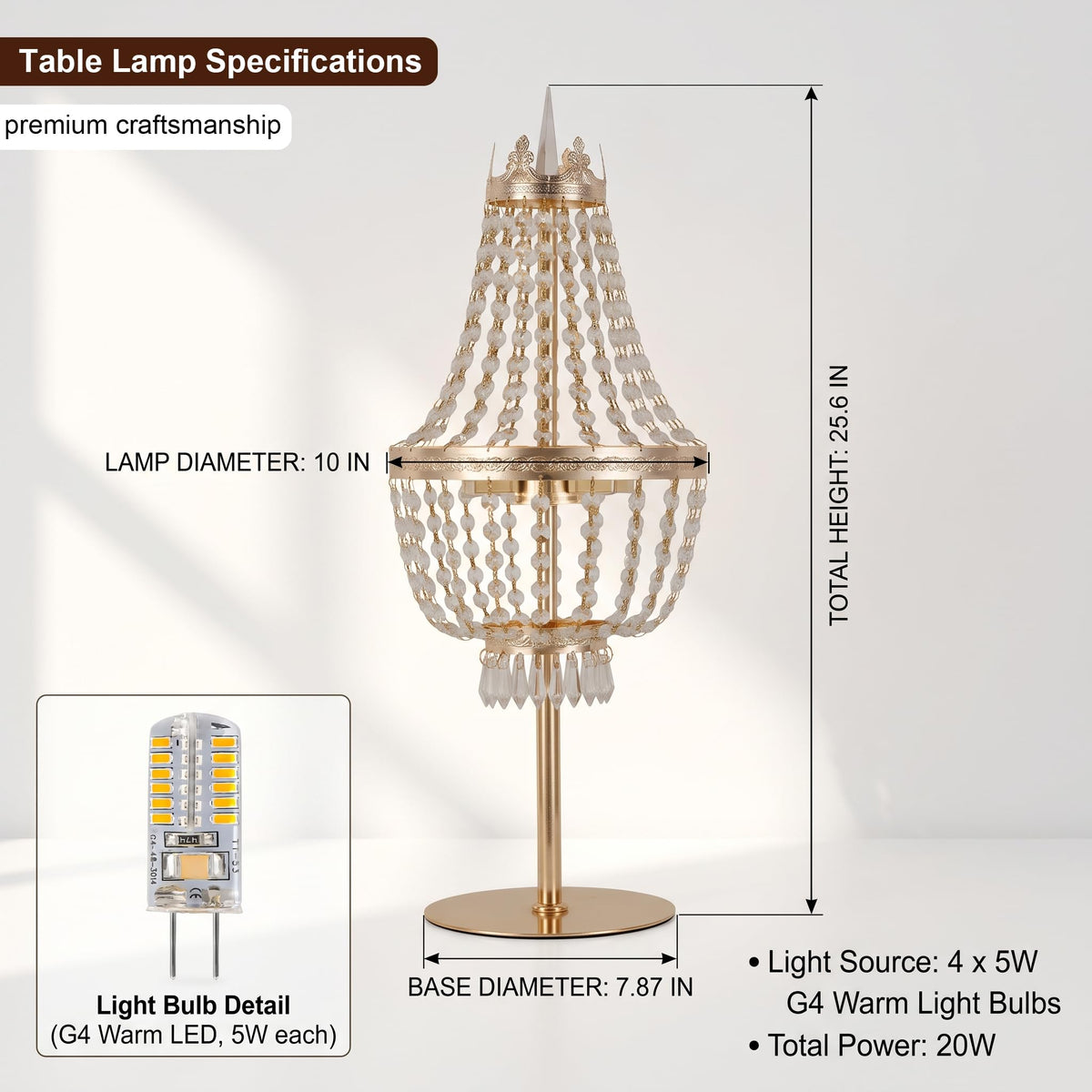25.6“ Tall Luxurious Golden Crystal Table Lamp (Gold Crown)