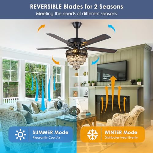 52"Black Crystal Chandelier Ceiling Fans with Lights and Remote Control (Black-52IN)