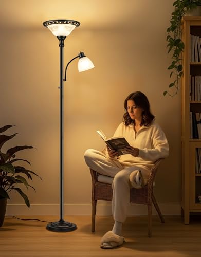 Torchiere Floor Lamp for Living Room with Reading Light (Black)