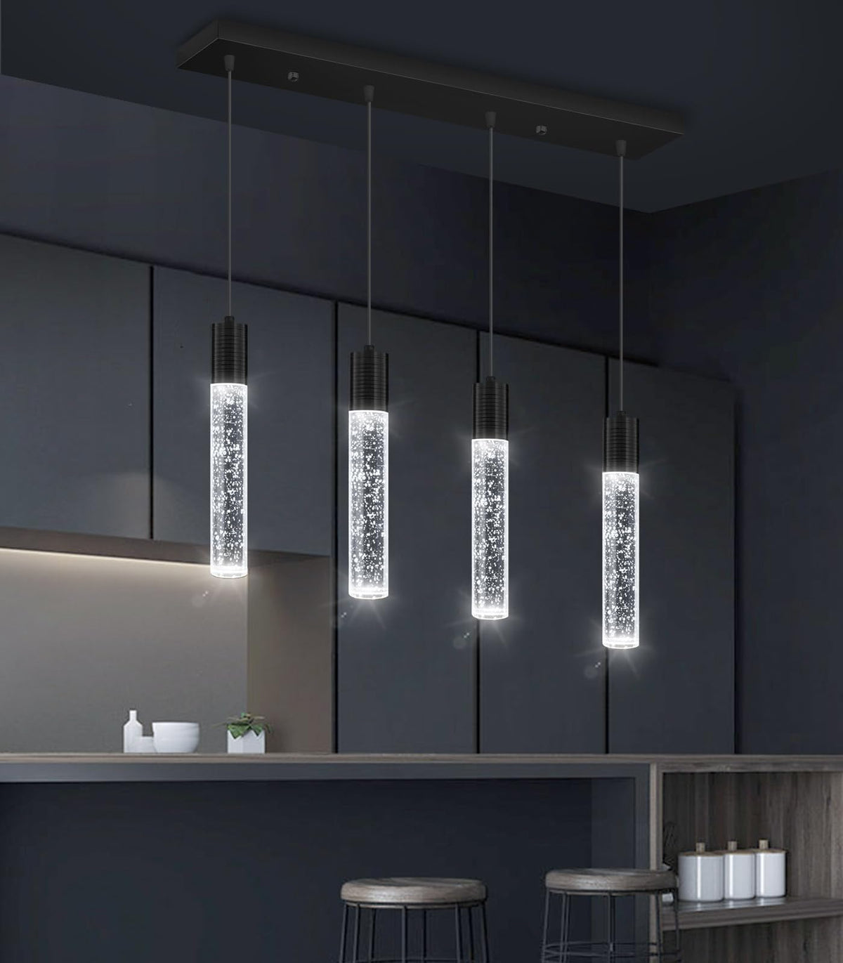 4 Lights Mini Modern Crystal Chandeliers for Kitchen Island Pendants Lighting Fixture LED Ceiling Light for Dining Room Bedroom Foyer 6000K (Black / 4-lights)