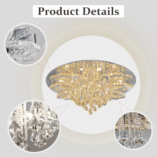 W40 Modern Crystal Chandelier for Living Room Crystal Flush Mount LED Ceiling Light Fixture for Foyer Dining Room Hallway Dimmable 2700k 4500k 6000k (Silver / W:40inches)