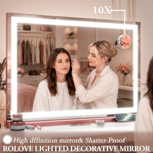 32"x22" Large Pink Vanity Mirror with Lights (White / 22"L x 32"W)