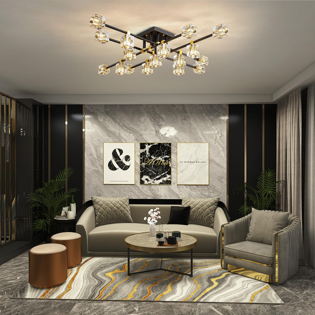 Crystal Sputnik Ceiling Light Fixture (Black+Gold(17lights) / 46.4inch)