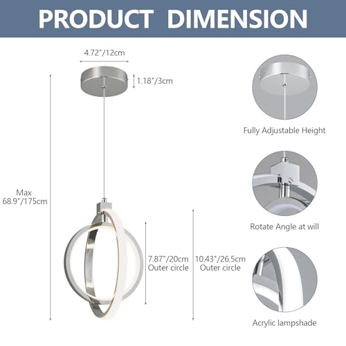 Modern LED Chandelier Chrome Ring Pendant Light Fixtures 4000K Dimmable Height Adjustable Pendant Lighting for Dining Room Kitchen Island Bedroom Living Room Foyer(2 (Chrome / Round-2Pack)
