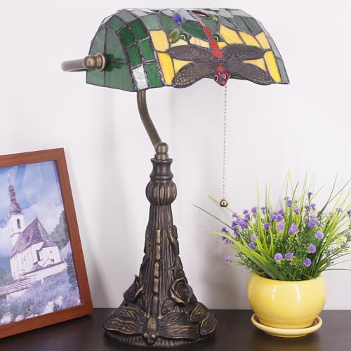 Tiffany Banker Lamp Small Stained Glass Table Lamp Green Dragonfly (Green Dragonfly Style)
