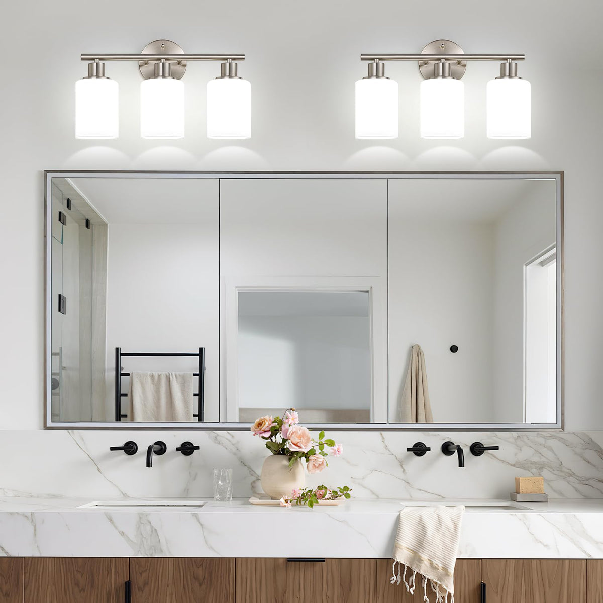 3 Light Bathroom Light Fixtures (Brushed Nickel & Milky White Glass / 3-light)
