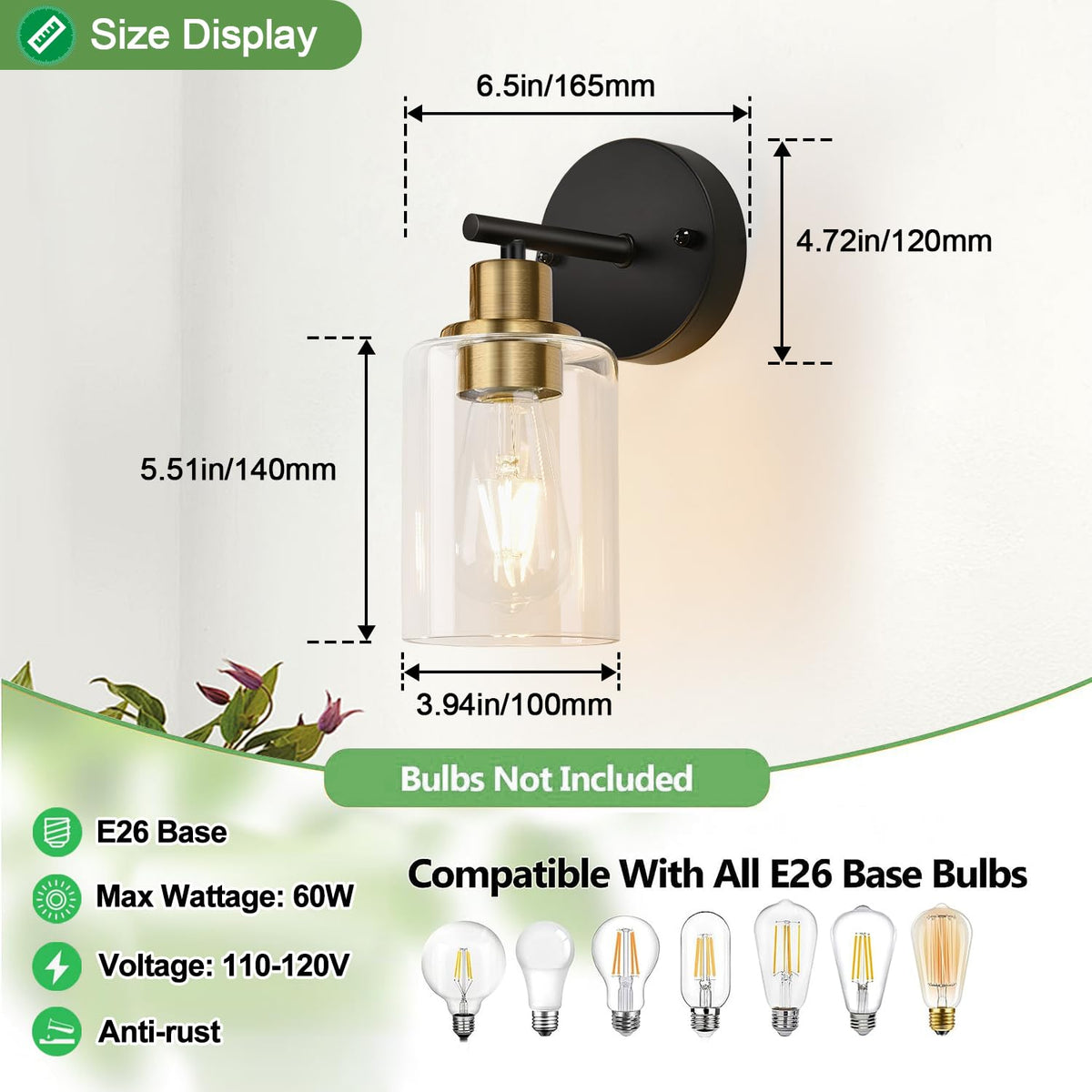 Set of 2 Wall Sconces for Bathroom (Black and Gold / 1-light)