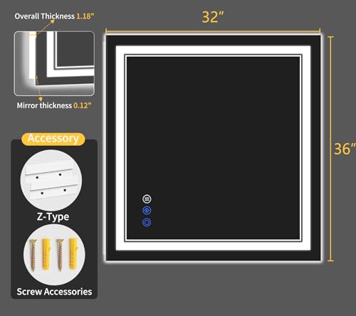32"x36" LED Bathroom Mirror with Lights (32"L x 36"W)