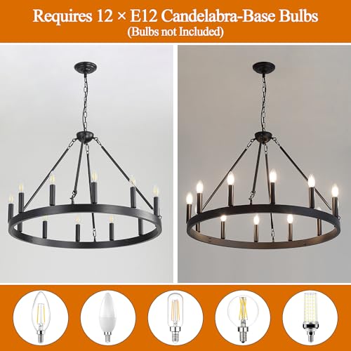 Black Wagon Wheel Chandelier (Black 12-Lights 32 Inch)