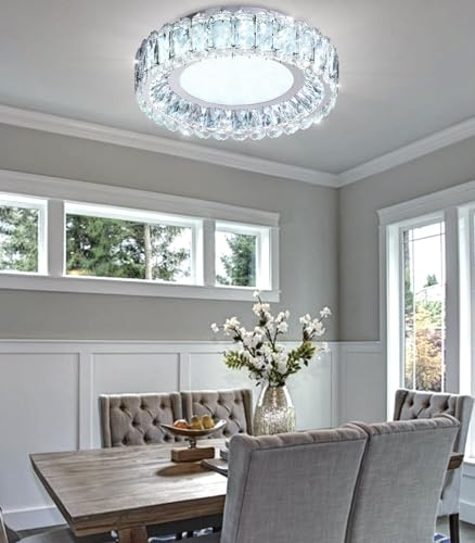 15.7 Inch Mini Dimmable Crystal Chandelier Modern LED Flush Mount Ceiling Light Fixtures for Bedroom Hallway Staircase Living Room Bedroom Foyer Kitchen Island Silver (15.7" Silver)