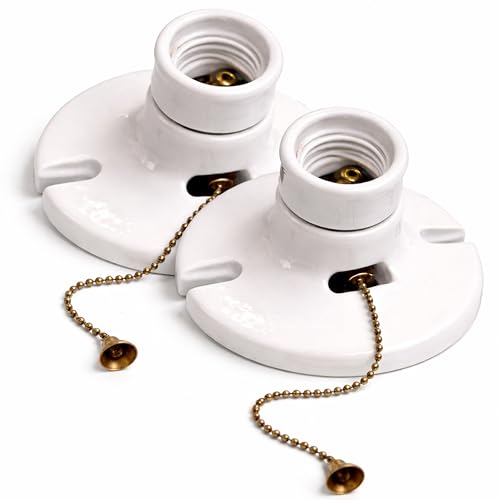 2 Pack) Pull Porcelain Lamp Holder, Medium Base E26 Ceiling Light Socket, One-Piece Outlet Box Mount, 660W UL Listed, Pull Chain Light Socket for LED & Incandescent Bulbs, Utility Lamp Socket (Porcelain Pull Chain)
