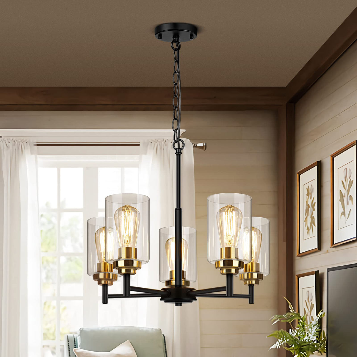 D19.8" Chandelier for Dining Room (Black & Gold / 5-Light D19.8")