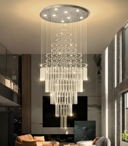 W24 x H78 Crystal Glam Chandelier Long Light Chandeliers with Dimmable Light Bulbs High Ceiling Light Fixtures for Foyer Entryway Living Room Stair Silver (Silver / Round W24" X H78")