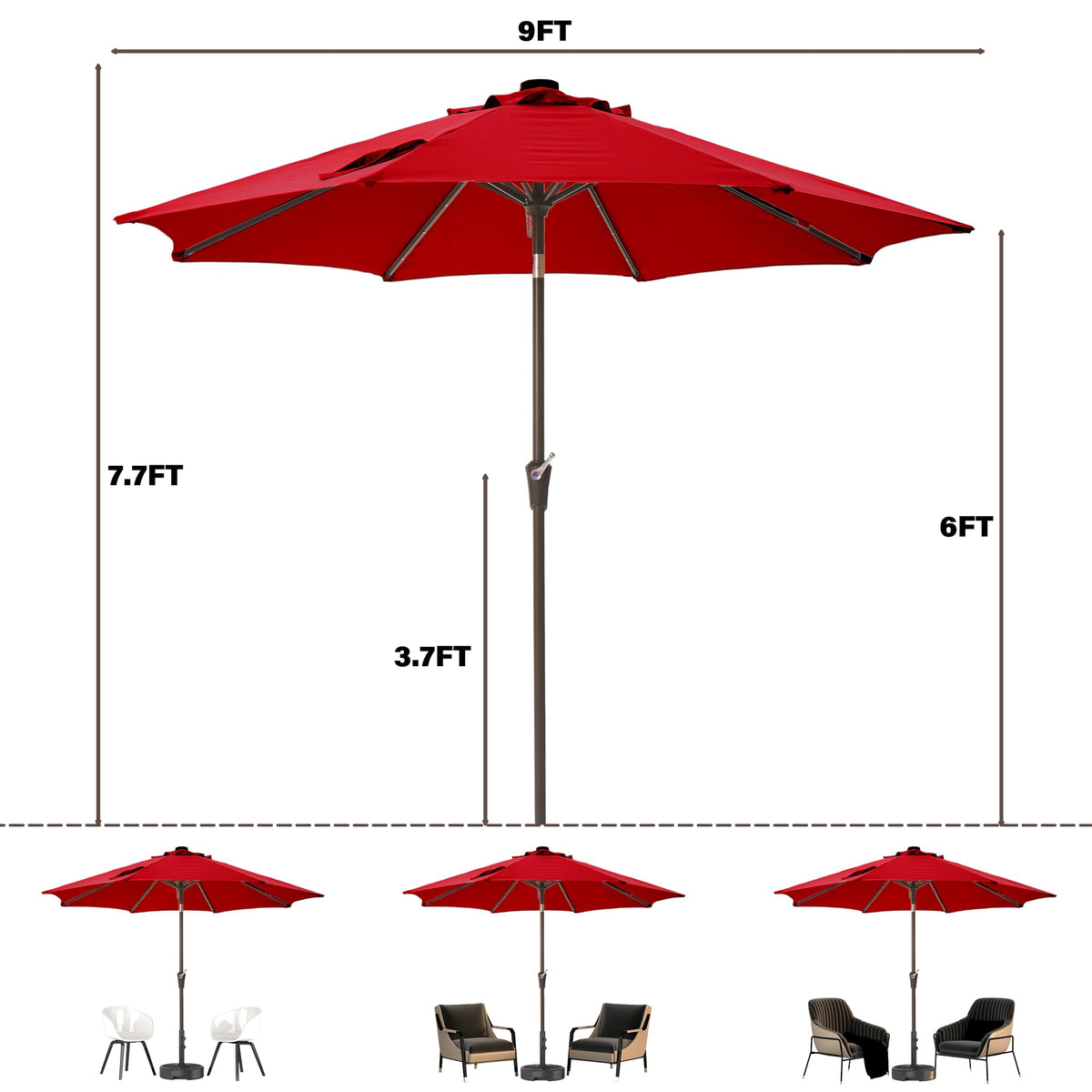 9 ft Patio Umbrella with lights Outdoor Table Umbrella for pool red (Red / 9FT)