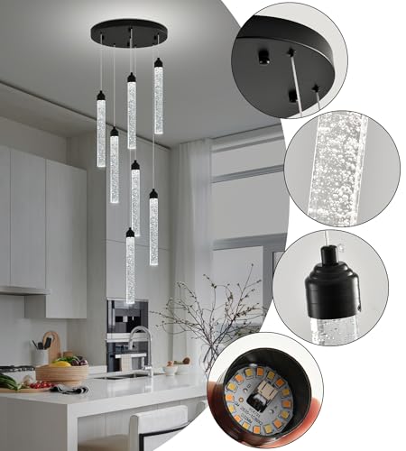 7 Lights High Ceiling Crystal Staircase Chandelier Black Pendant Lights Modern Spiral Raindrop Dimmable LED Bubble Cluster Ceiling Hanging Lighting Fixture for Foyer Living Room Remote Control (Black / 7 lights)