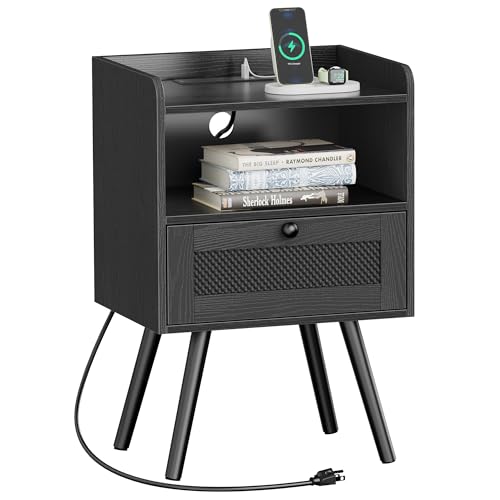 Nightstand with Charging Station & Rattan