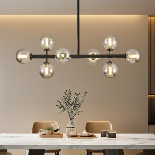 Modern Linear Chandeliers for Dining Room (Black (with Somke Grey Lampshade) / 31.5 Inch)