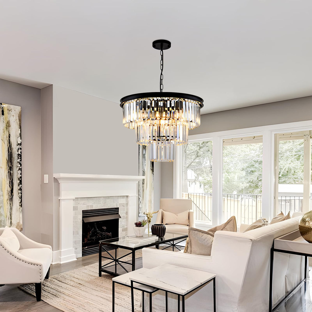 8 Light Modern Crystal Chandelier 20'' Black Chandeliers for Dining Room Contemporary Pendant Light Fixture Round 3 (Black & Clear Crystal / 20'')
