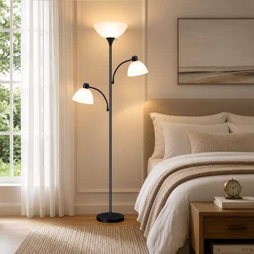 72" 3 Head Torchiere Floor Lamps with 2 Reading Lamp for Living Room (Black)